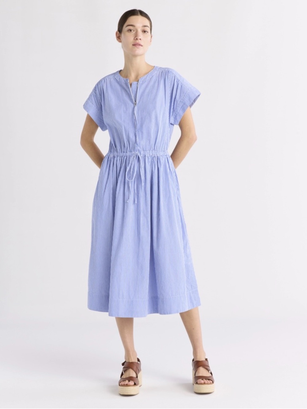 Free Assembly Women's Cotton Midi Shirtdress with Drawstring Waist, Size Large